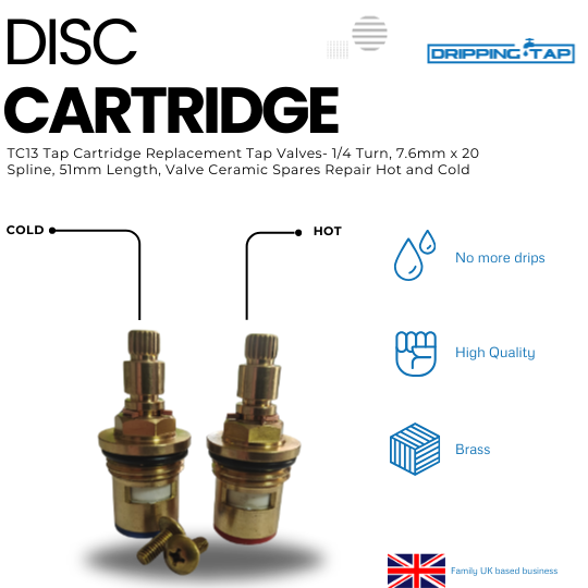 TC13 - Tap Cartridge - 1/2" 7.6mm x 20 Spline, 51mm Length, Valve Ceramic Hot and Cold