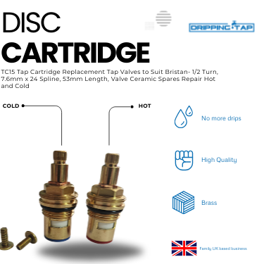 TC15- Tap Cartridge Replacement Tap Valves to Suit for Bristan- 1/2 Turn, 7.6mm x 24 Spline, 53mm Length, Valve Ceramic Spares Repair Hot and Cold