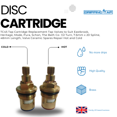 TC45 Tap Cartridge 1/2" Turn, 7.6mm x 20 Spline, 48mm Length, Valve Ceramic Spares Repair Hot and Cold