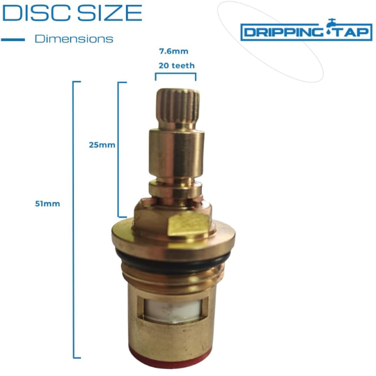 TC13 - Tap Cartridge - 1/2" 7.6mm x 20 Spline, 51mm Length, Valve Ceramic Hot and Cold